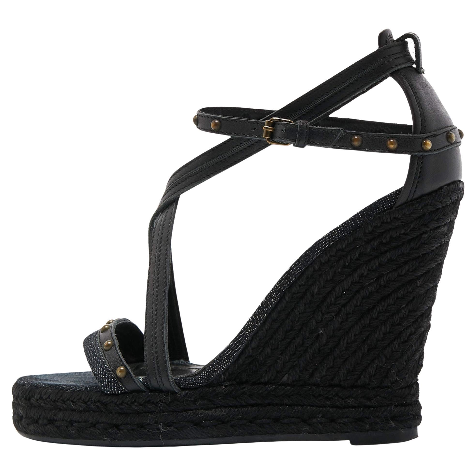 Burberry Black Leather and Denim Studded Platform Wedge Sandals Size 38.5 For Sale