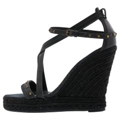 Burberry Black Leather and Denim Studded Platform Wedge Sandals Size 38.5