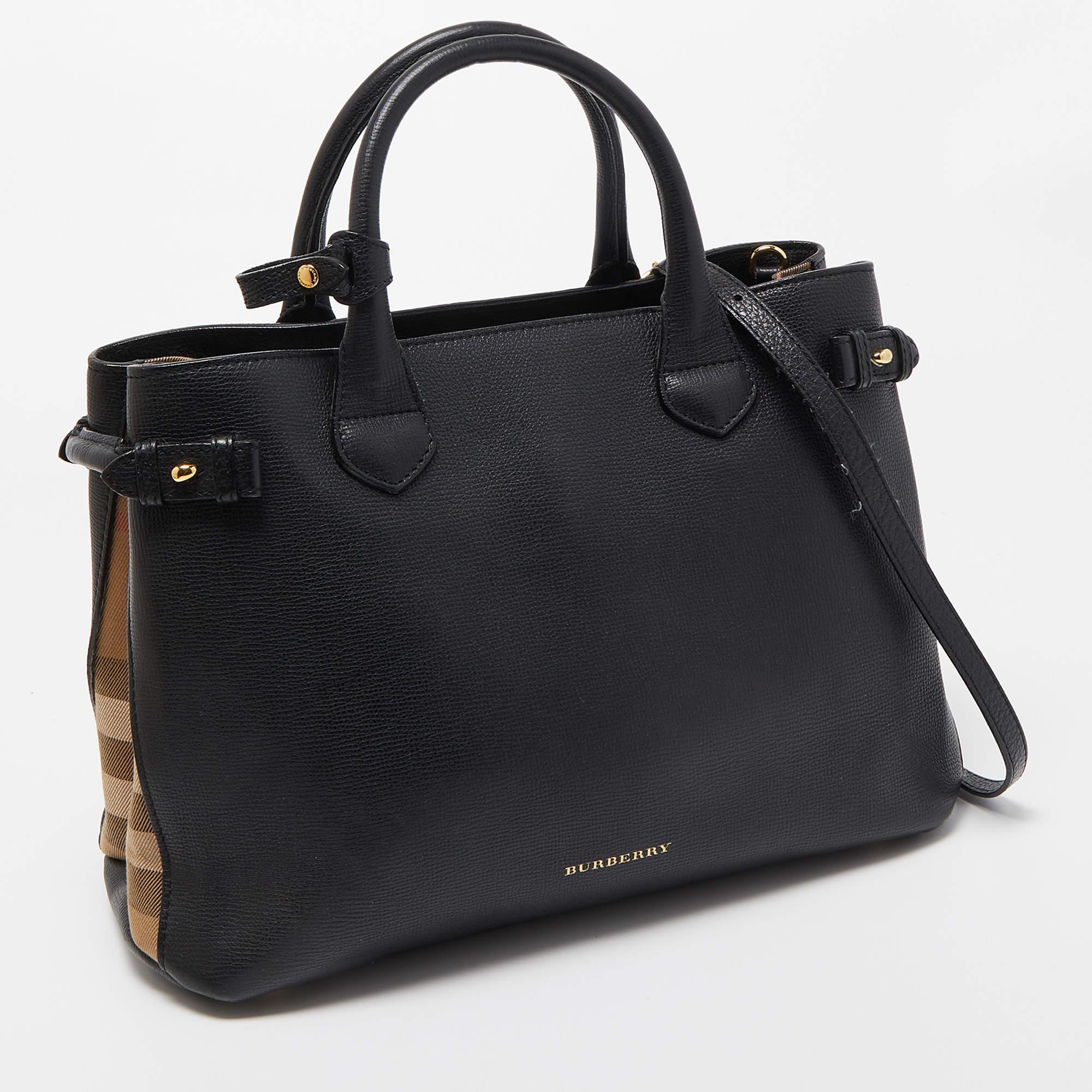 Burberry Black Leather and House Check Canvas Banner Tote 8