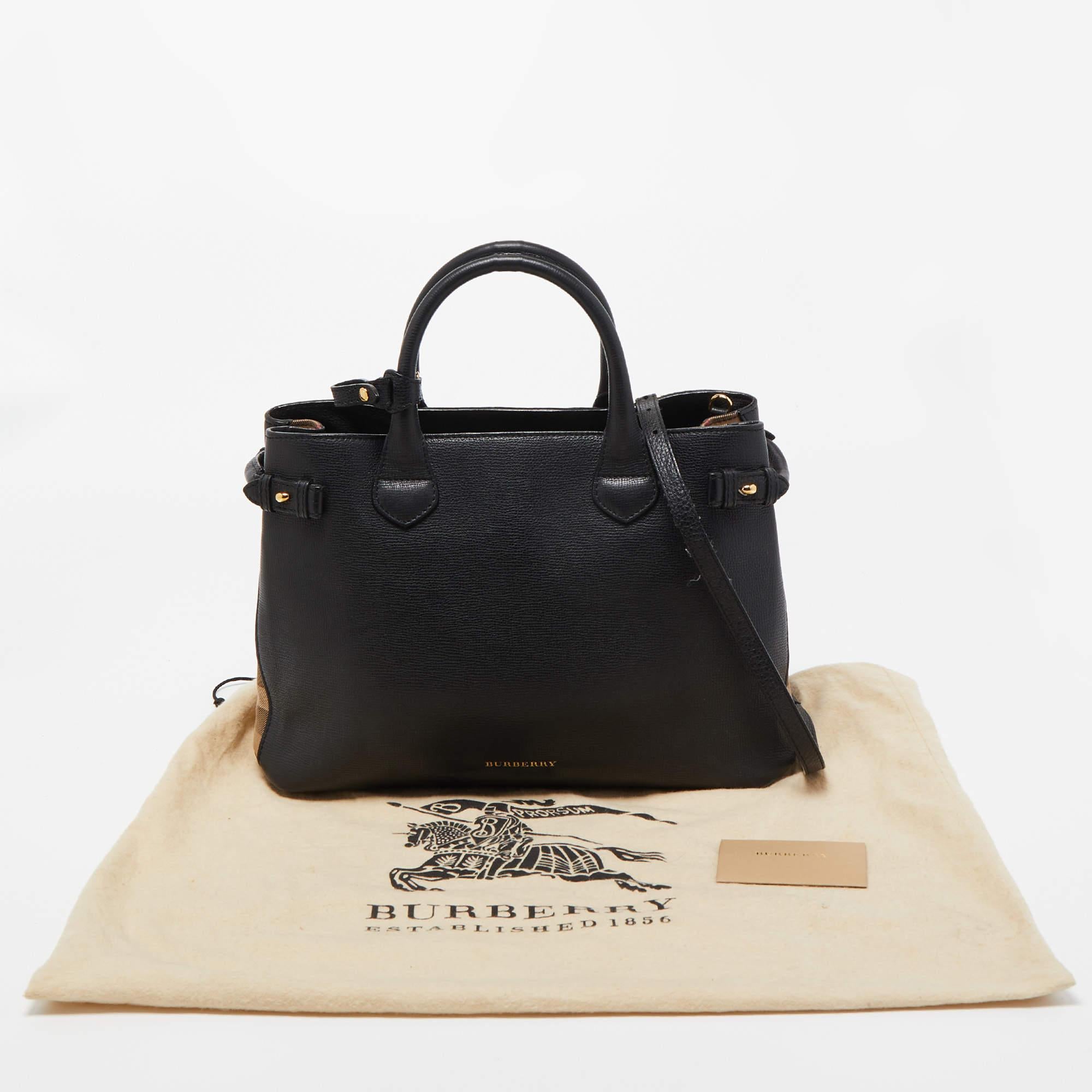 Burberry Black Leather and House Check Canvas Banner Tote 9