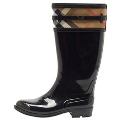 Used Burberry Black Leather and House Check Canvas Crosshill Rain Boots Size 39