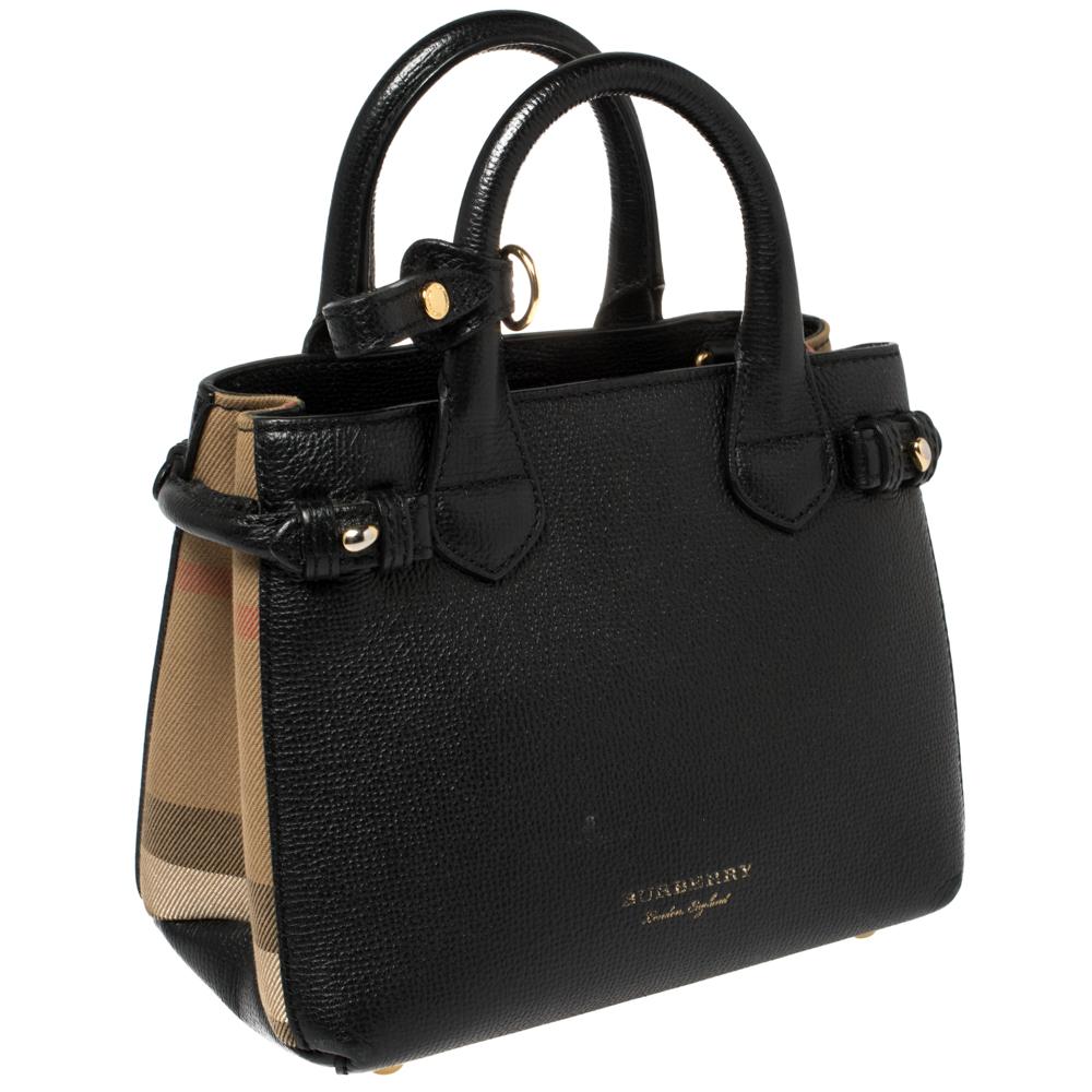 Burberry Black Leather and House Check Canvas Mini Banner Tote at