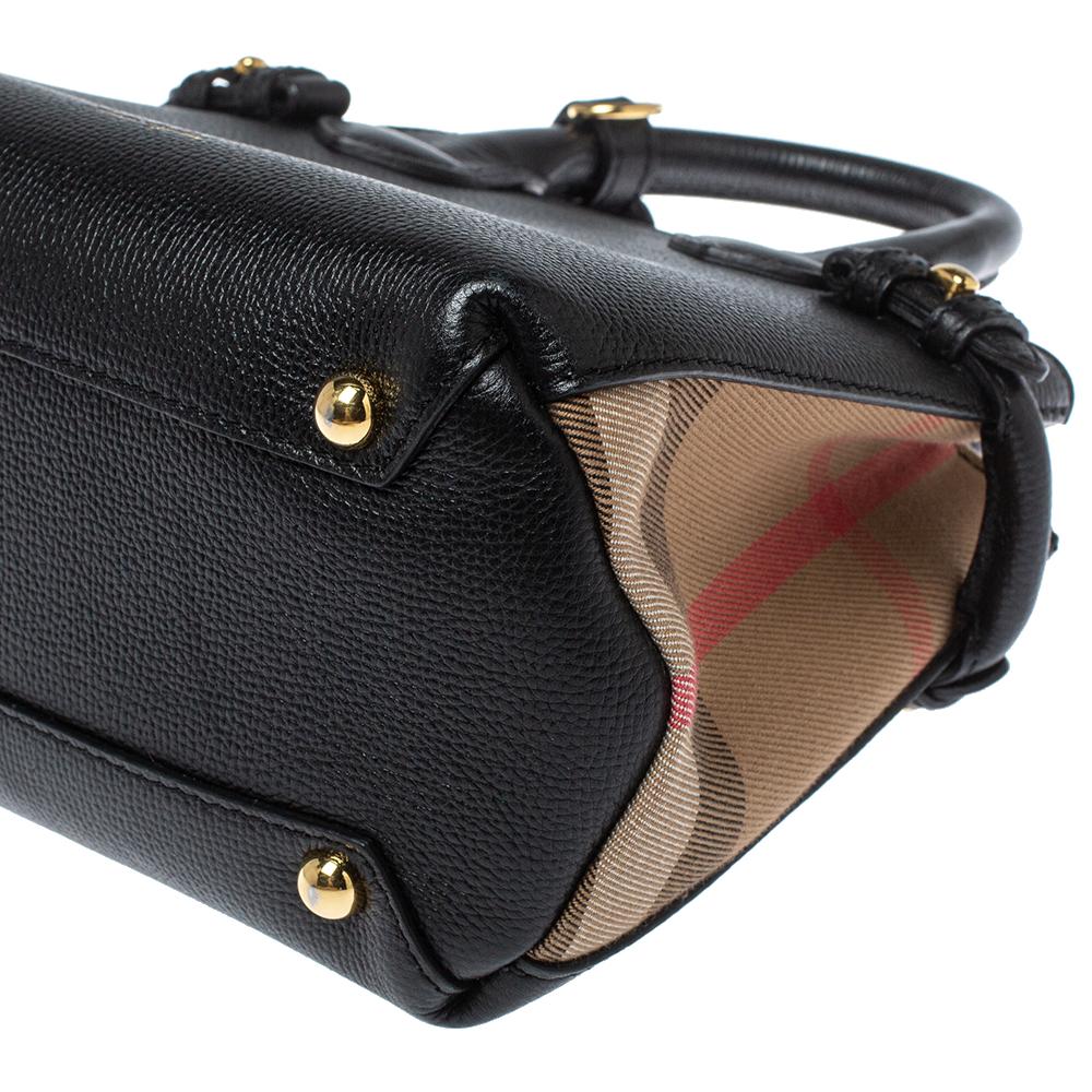 Women's Burberry Black Leather and House Check Fabric Baby Banner Tote