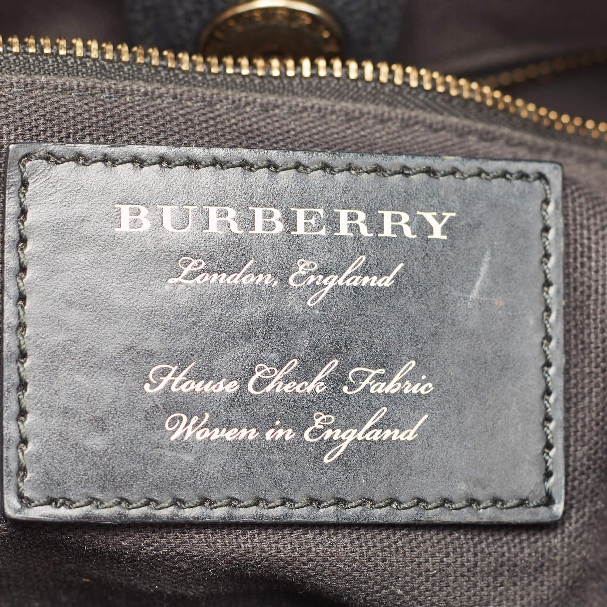 Burberry Black Leather and House Check Fabric Banner Tote For Sale 10