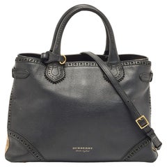 Used Burberry Black Leather and House Check Fabric Banner Tote