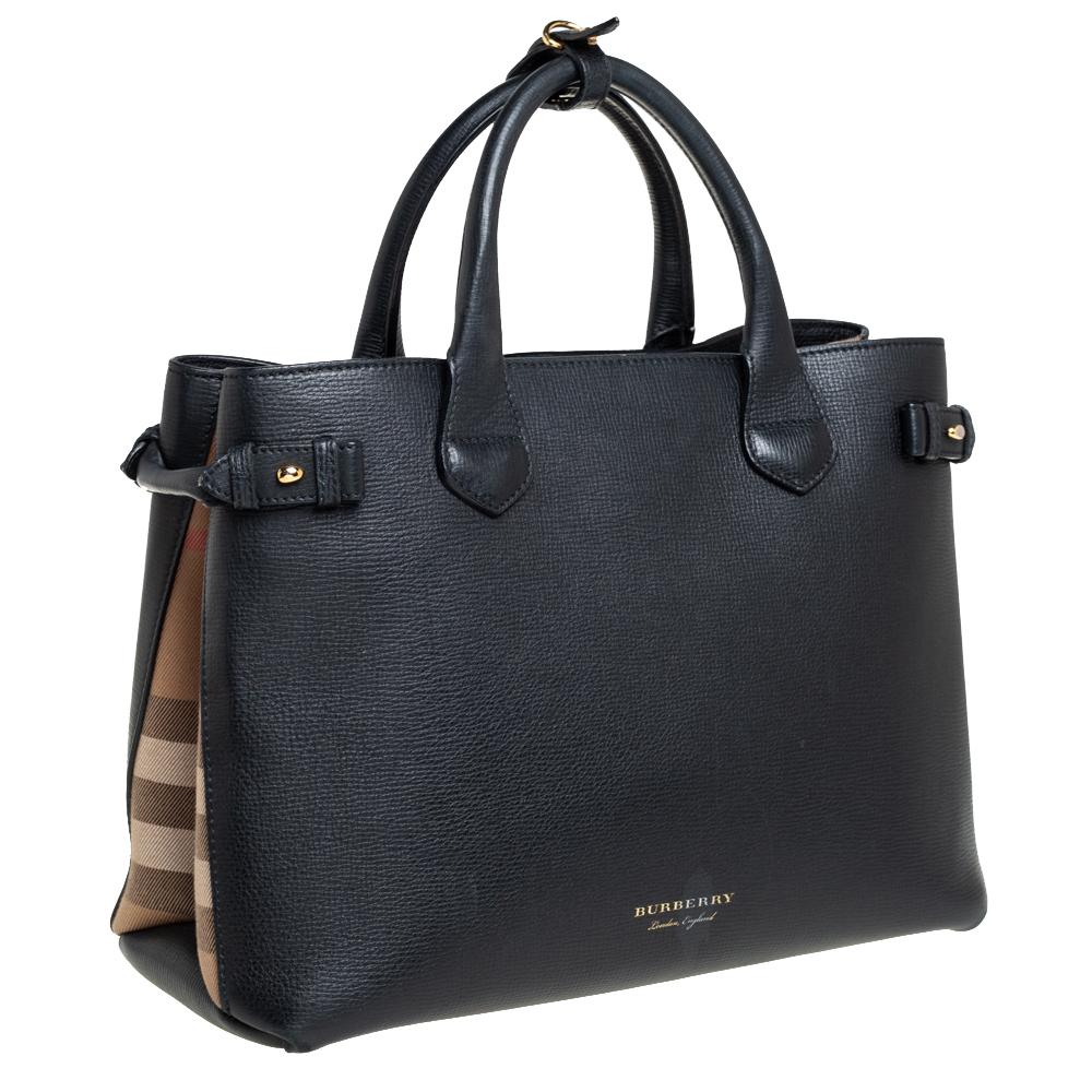 burberry banner house check black leather tote