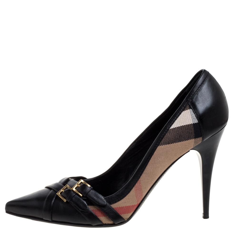 This pair of pointed-toe pumps from Burberry is just what you need to take your style quotient a few notches higher. Make an impressive style statement while flaunting these black pumps that come crafted from leather and the signature Novacheck
