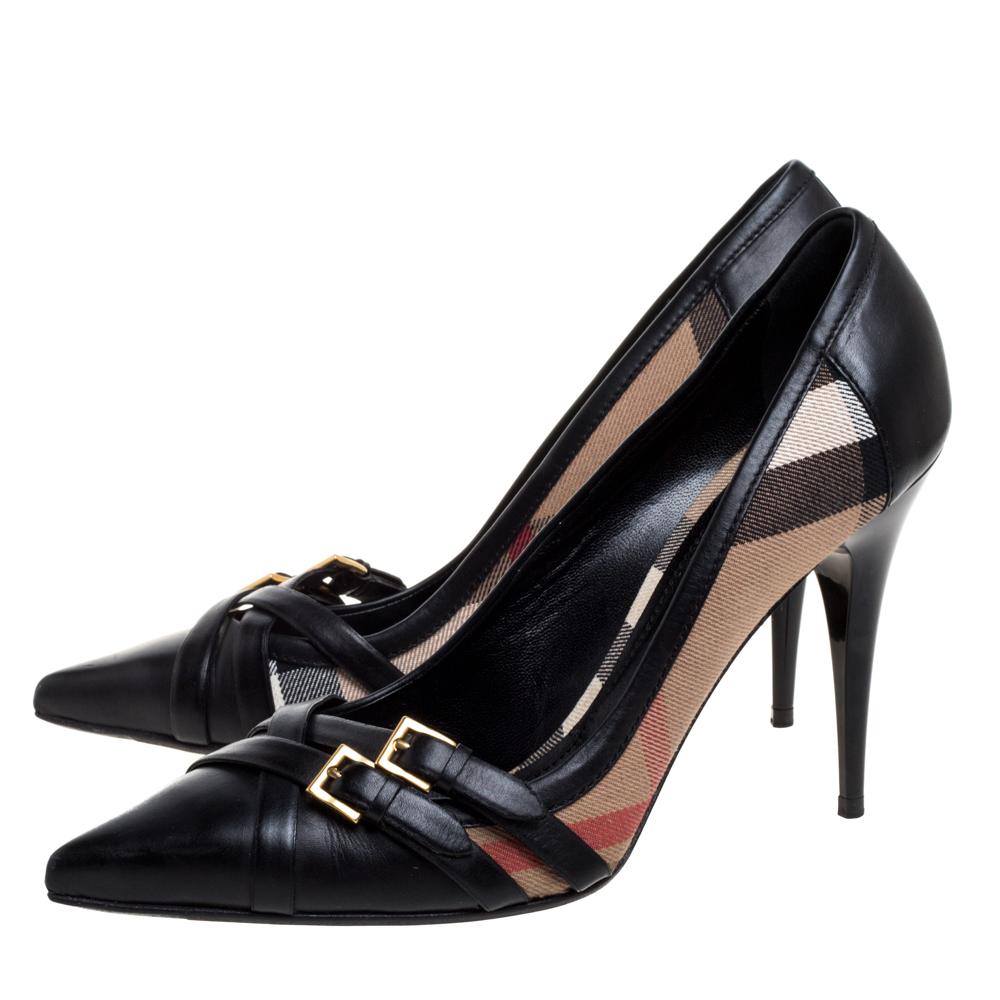 Women's Burberry Black Leather And Novacheck Canvas Detail Pointed Toe Pumps Size 41