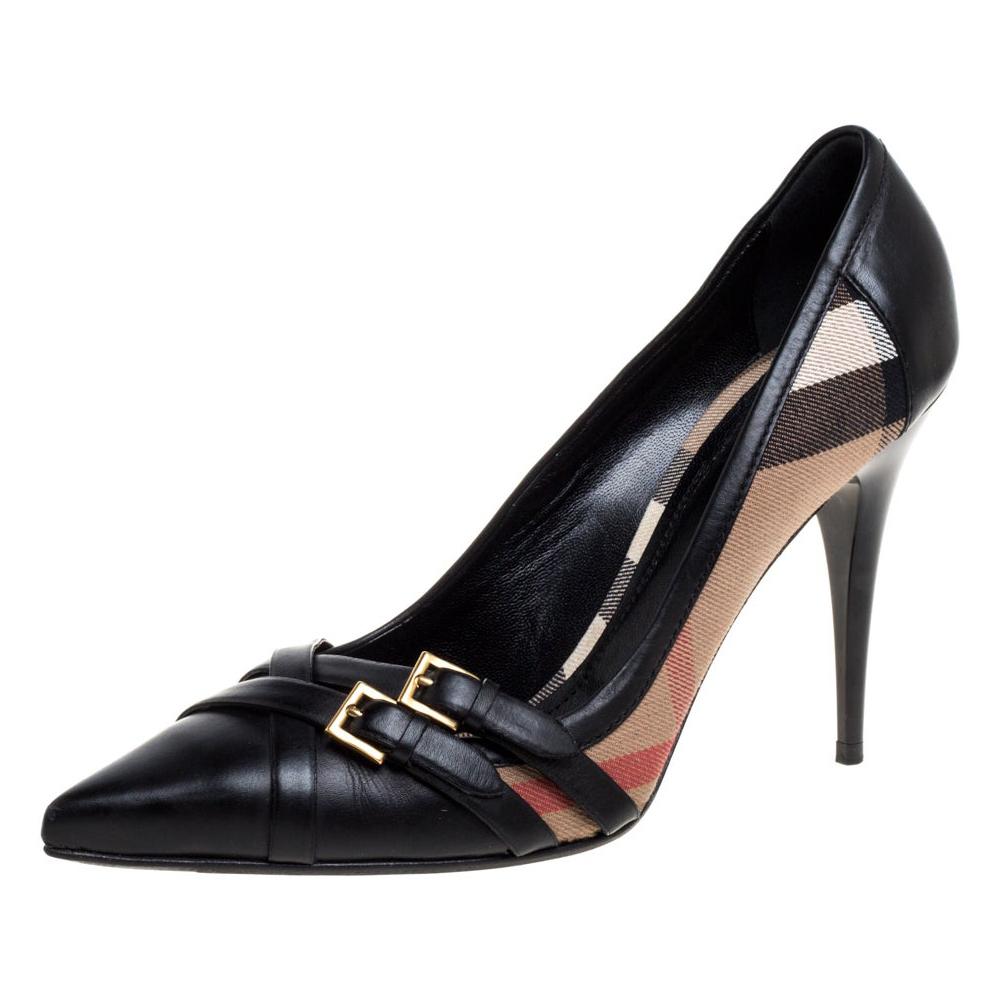 Burberry Black Leather And Novacheck Canvas Detail Pointed Toe Pumps Size 41
