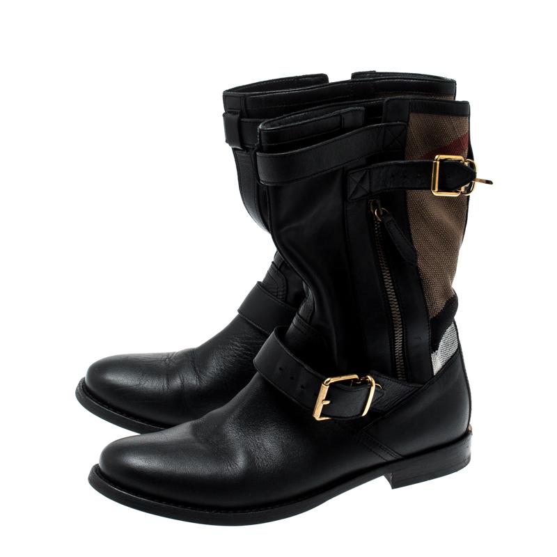 Burberry Black Leather And Super Nova Check Grantville Mid Calf Boots Size 37.5 2
