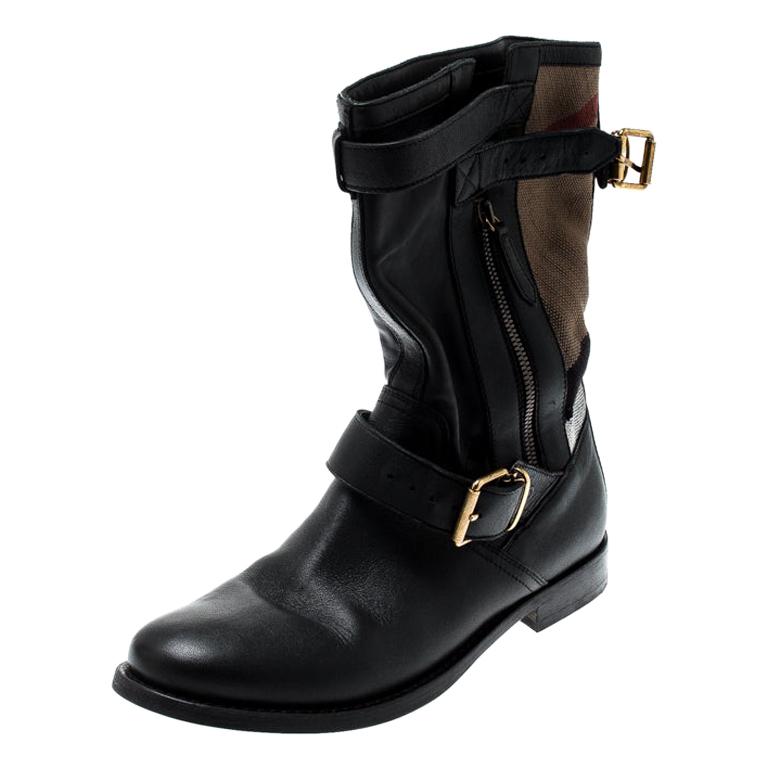 Black Leather And Nova Check Grantville Mid Calf Boots Size For Sale at | burberry biker boots