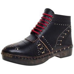 Burberry Black Leather Antrim Fringe Detail Platform Ankle Boots Size 44