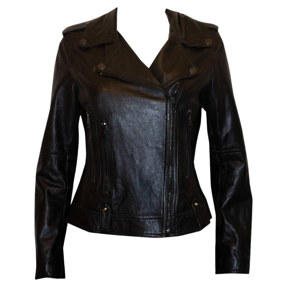 Burberry Black Leather Bomber Jacket For Sale