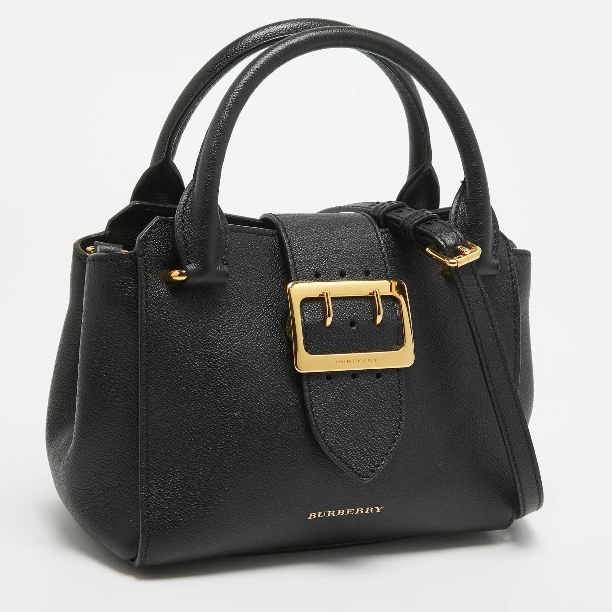 Burberry Black Leather Buckle Flap Tote For Sale 16