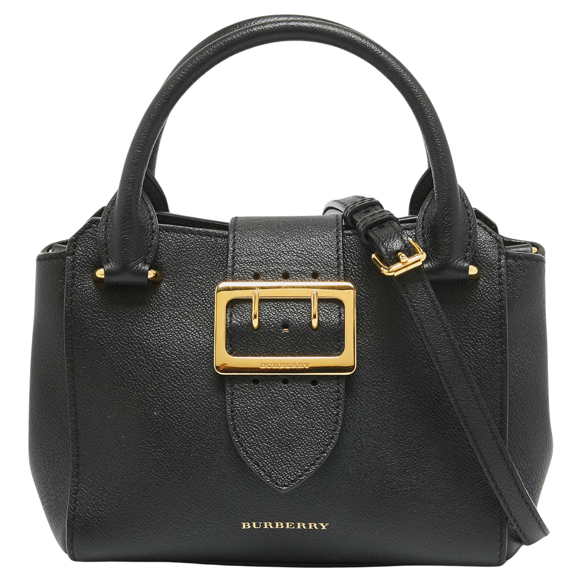 Burberry Black Leather Buckle Flap Tote For Sale