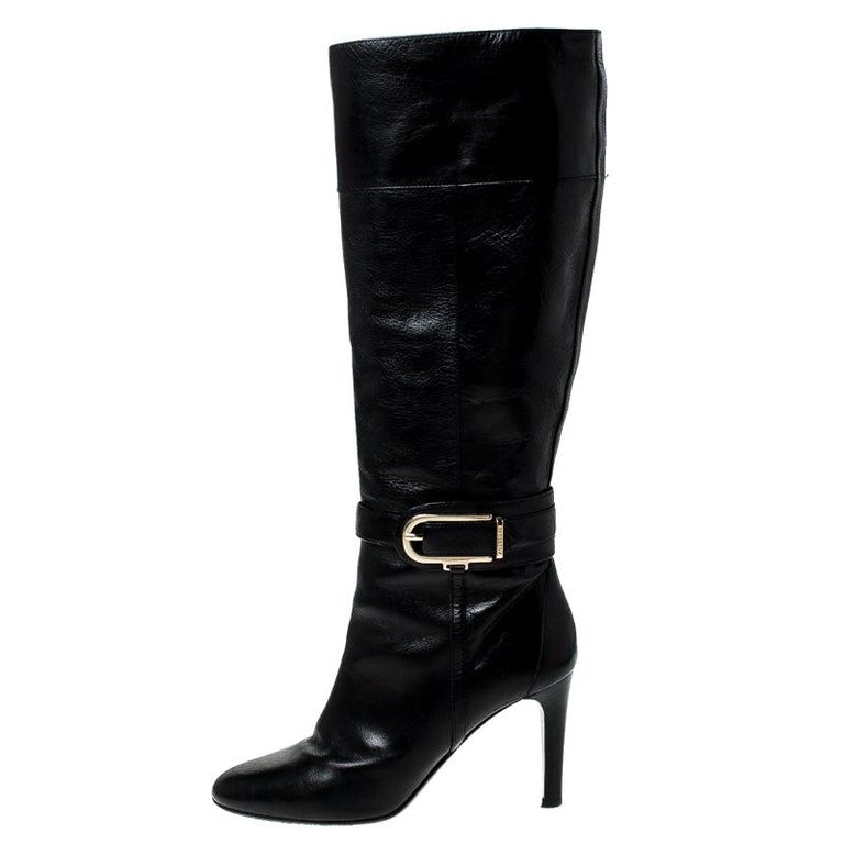 Burberry Black Leather Buckle Pointed Toe Knee Length Boots Size 37 For ...