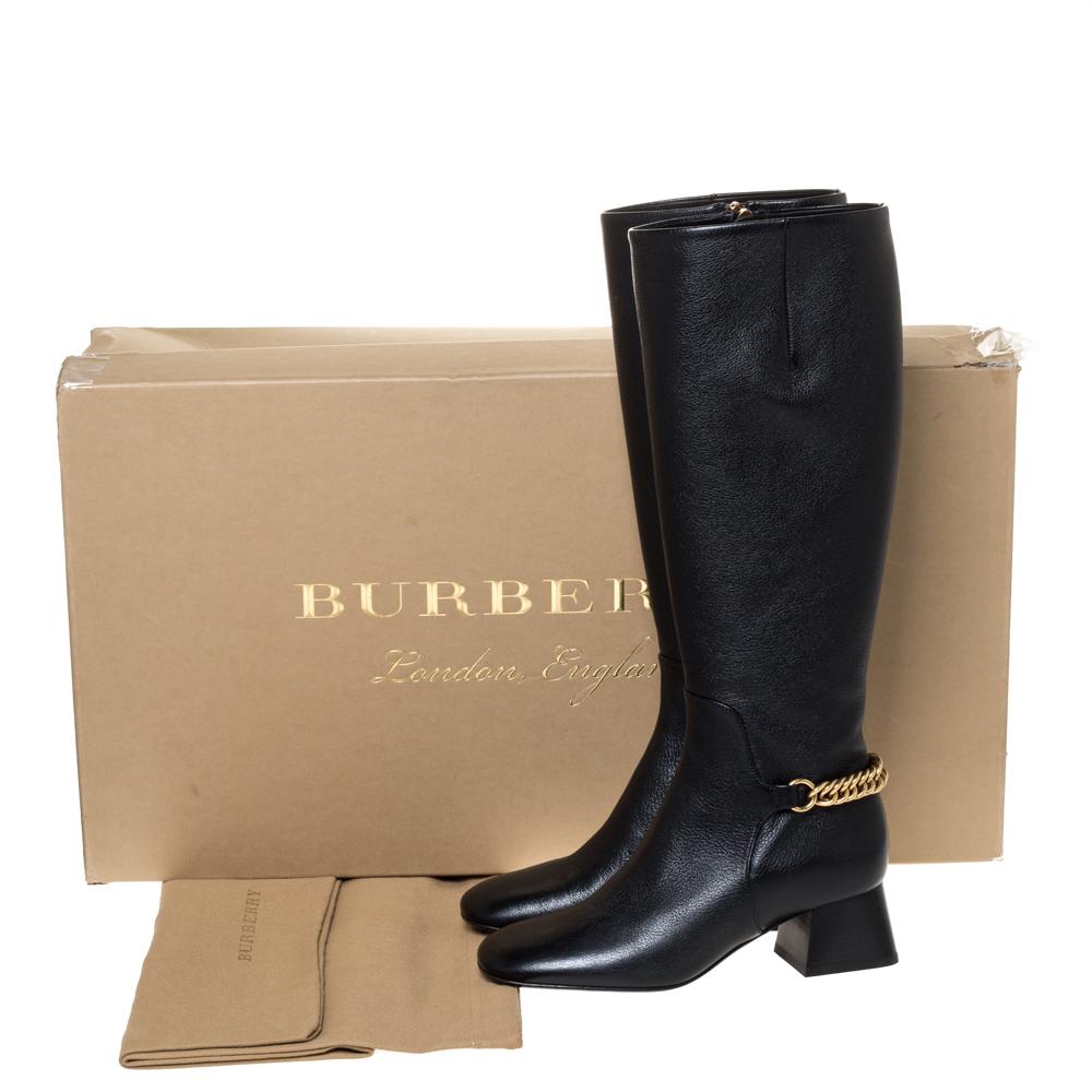 Burberry Black Leather Chain Detail Knee Length Boots Size 35.5 7