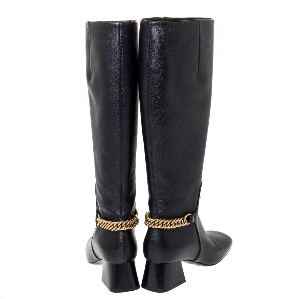 Burberry Black Leather Chain Detail Knee Length Boots Size 35.5 2