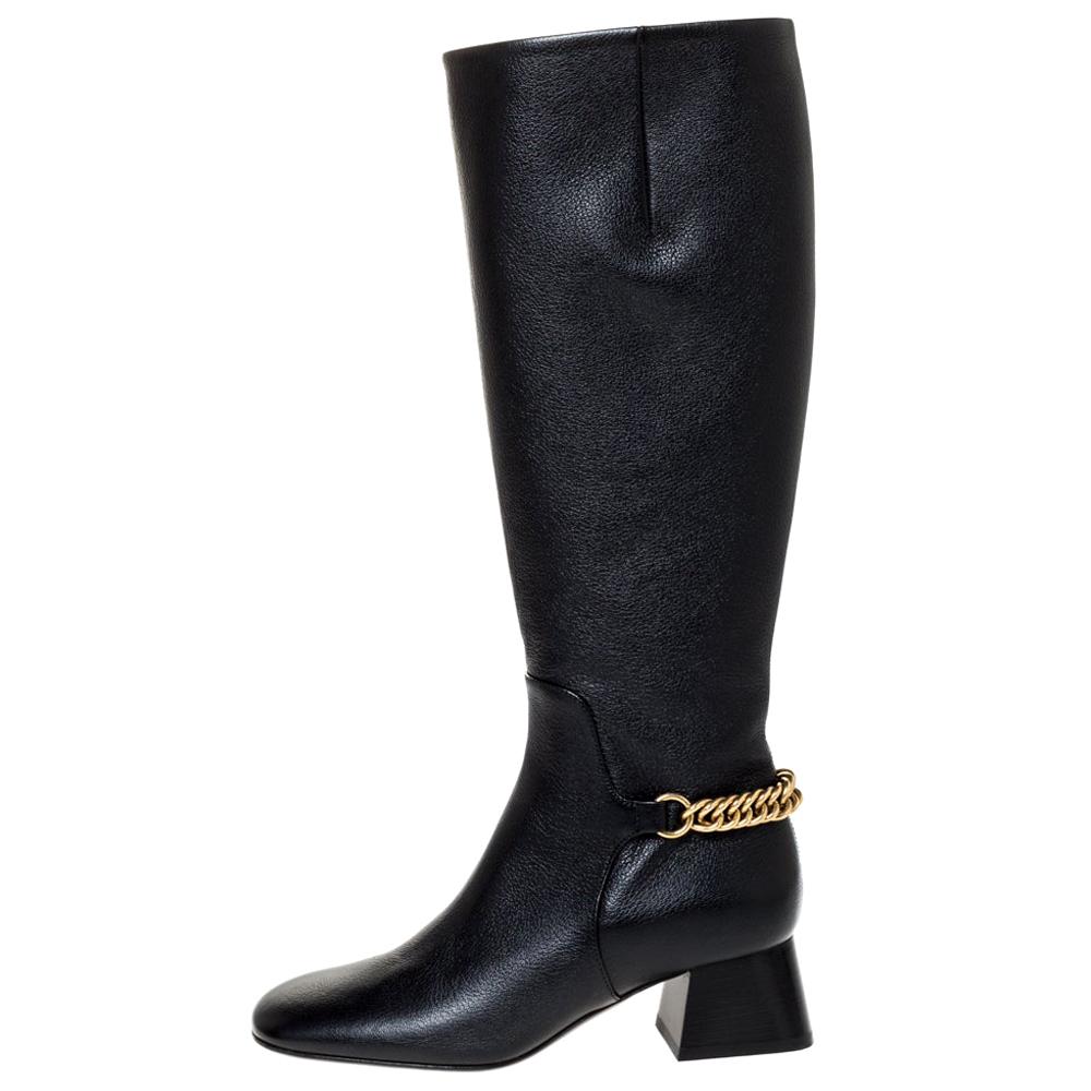 Burberry Black Leather Chain Detail Knee Length Boots Size 35.5