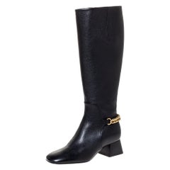 Used Burberry Black Leather Chain Detail Knee Length Boots Size 35.5