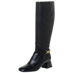 Used Burberry Black Leather Chain Embellished Knee High Boots Size 36.5