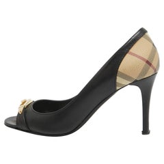 Burberry Black Leather 
Check Coated Canvas Embellished Open Toe Pumps Size 38