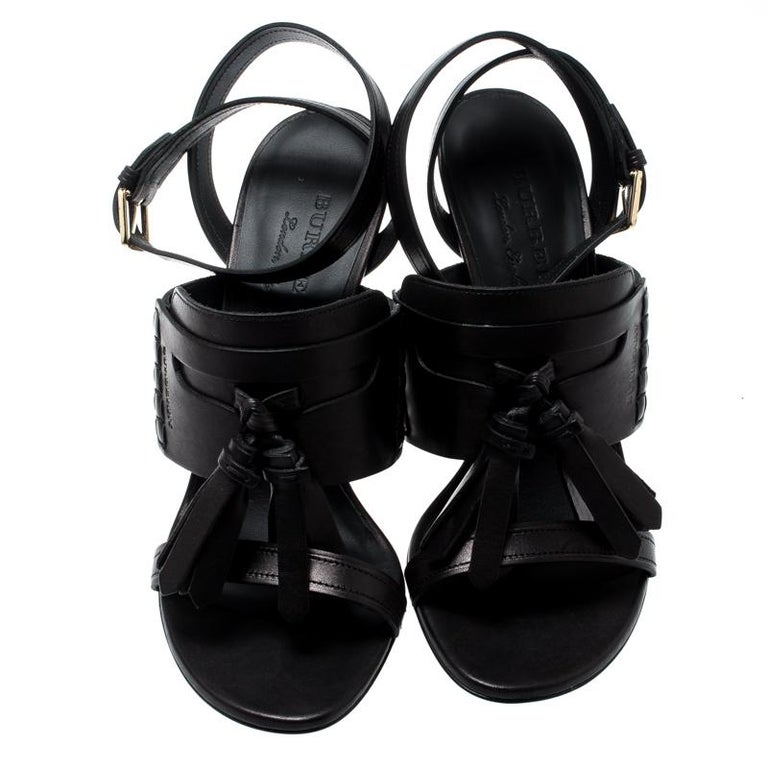 Burberry Black Leather Clarence Penny Keeper Tassel Strap Sandals Size