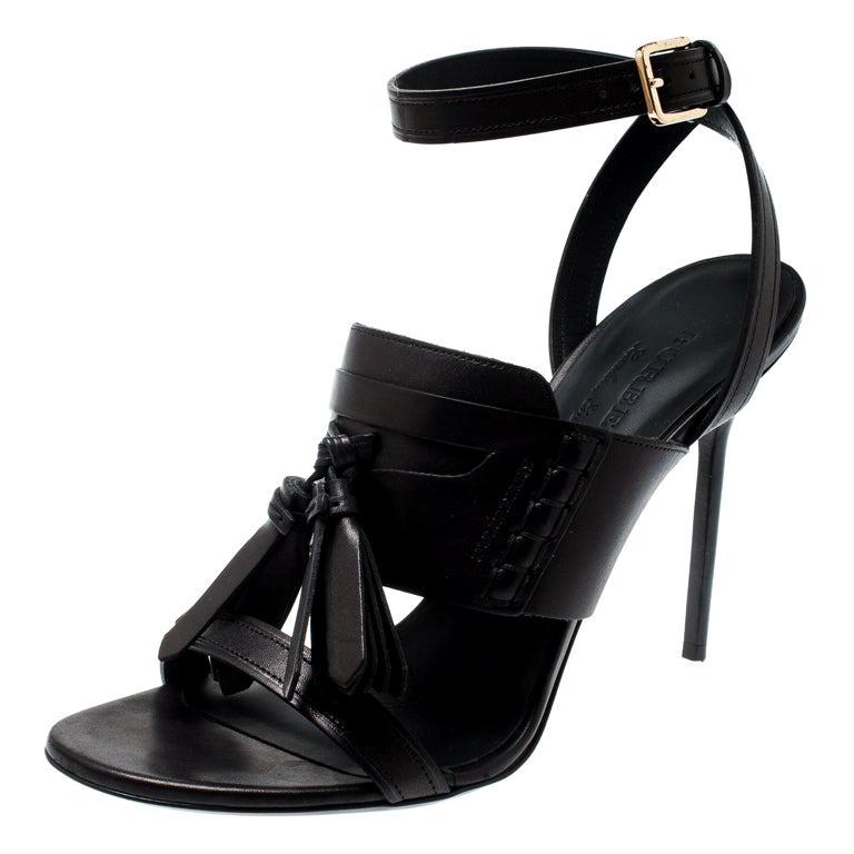 Burberry Black Leather Clarence Penny Keeper Tassel Strap Sandals Size ...