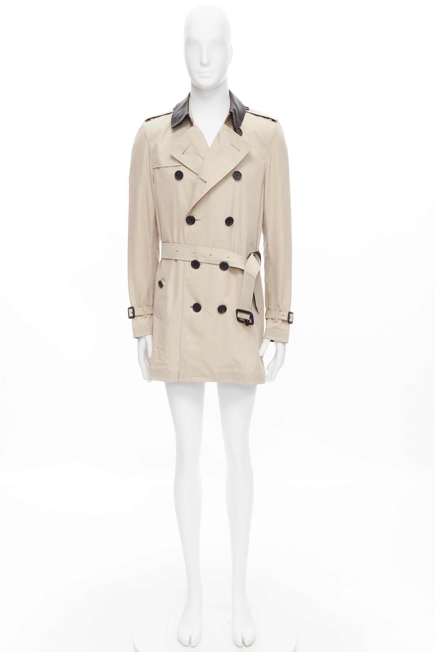 BURBERRY black leather collar beige cotton double breasted trench EU48 M 4