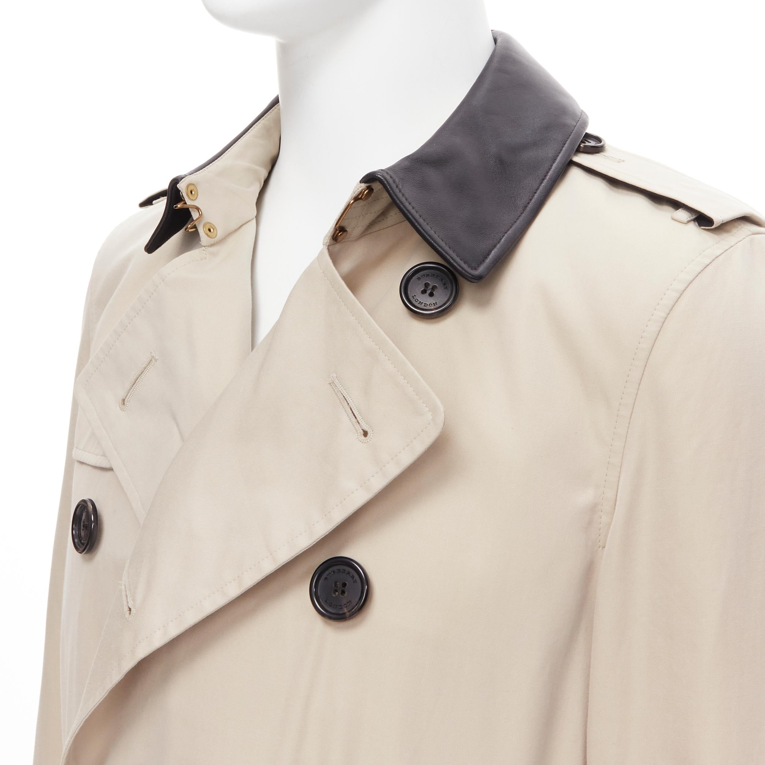 BURBERRY black leather collar beige cotton double breasted trench EU48 M 
Reference: TGAS/B01992 
Brand: Burberry Prorsu 
Material: Cotton 
Color: Beige 
Pattern: Solid 
Closure: Button 
Extra Detail: Leather collar. Double breasted. Detachable