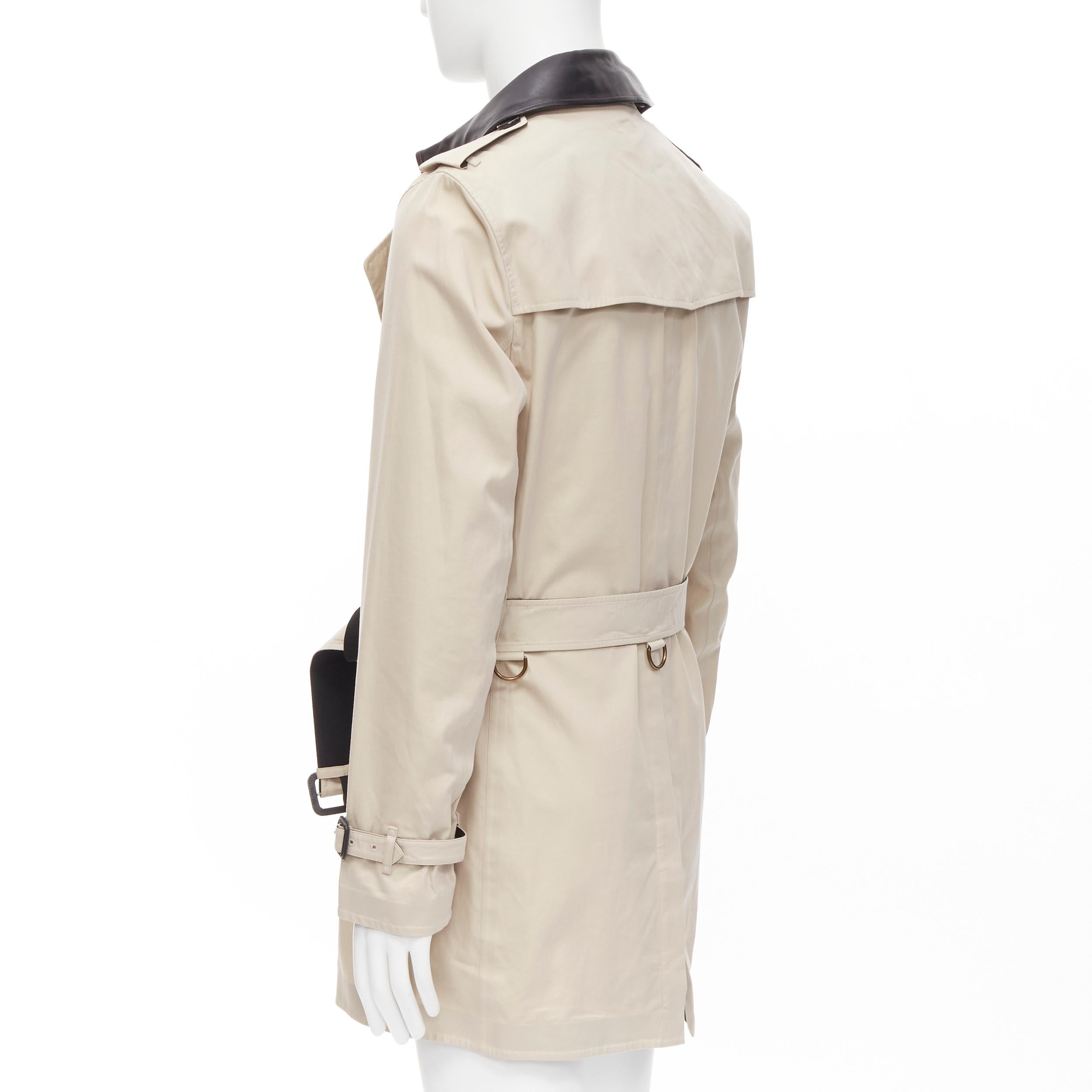 BURBERRY black leather collar beige cotton double breasted trench EU48 M In Good Condition In Hong Kong, NT