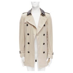 BURBERRY black leather collar beige cotton double breasted trench EU48 M