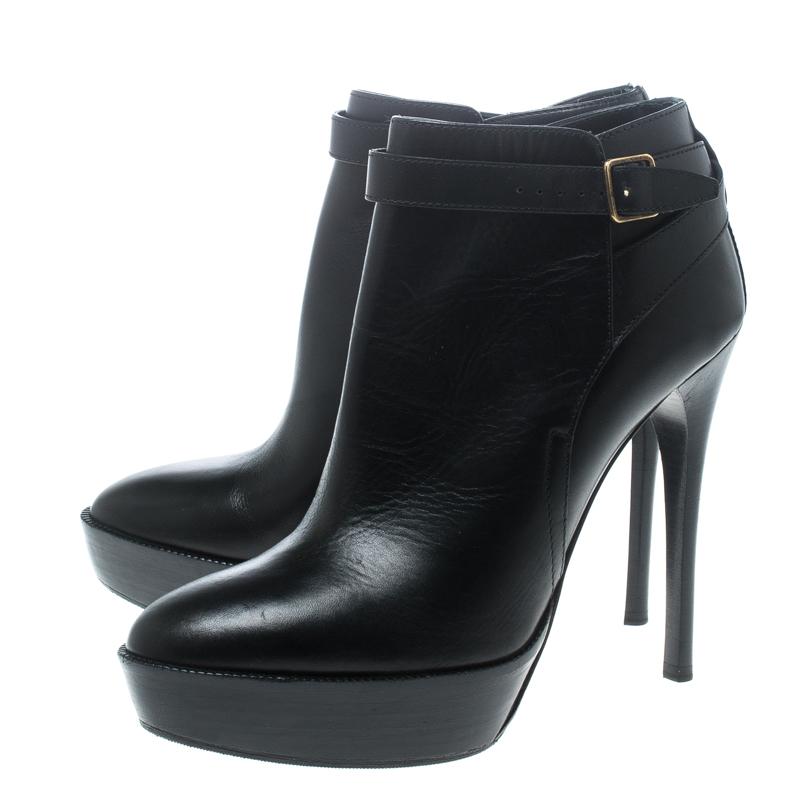 Women's Burberry Black Leather Cross Strap Platform Ankle Boots Size 37
