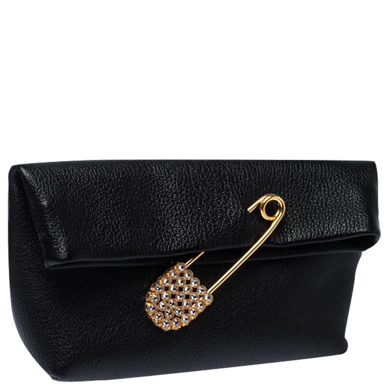 Women's Burberry Black Leather Crystal Embellished Pin Clutch
