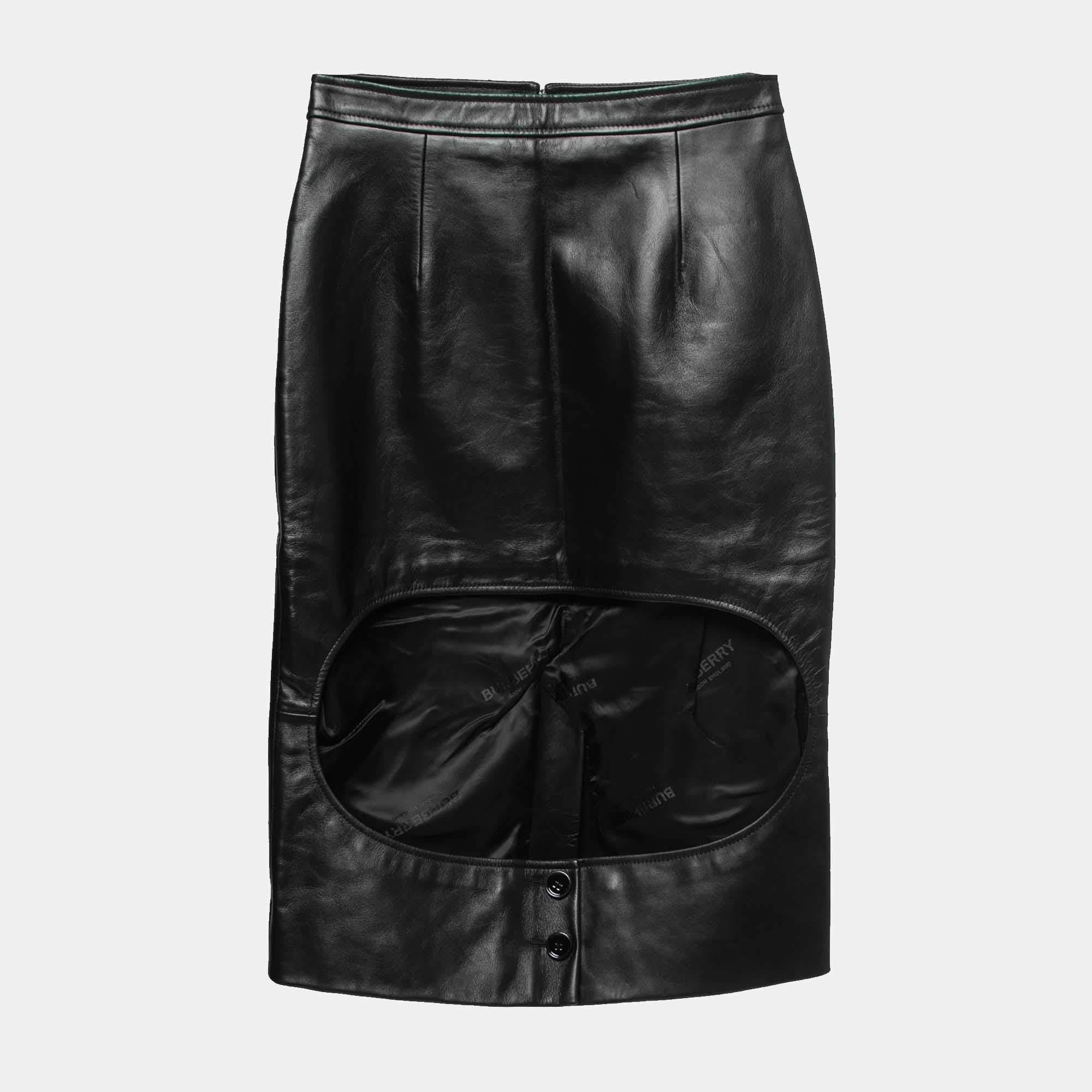 Burberry Black Leather Cut Out Pencil Skirt XS For Sale at 1stDibs