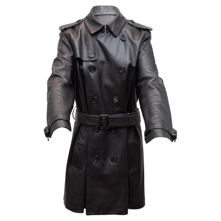 Burberry Black Leather Double-Breasted Trench Coat For Sale at 1stDibs