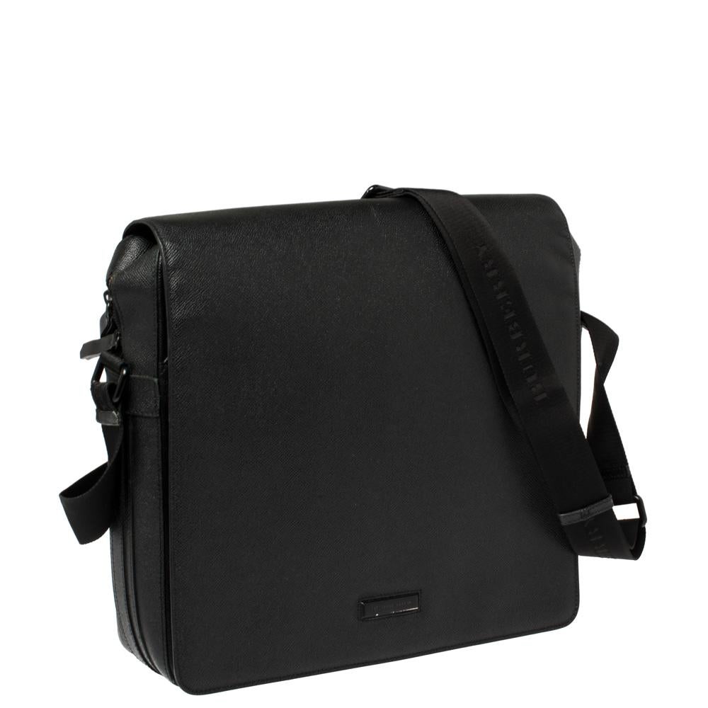 Men's Burberry Black Leather Flap Messenger Bag