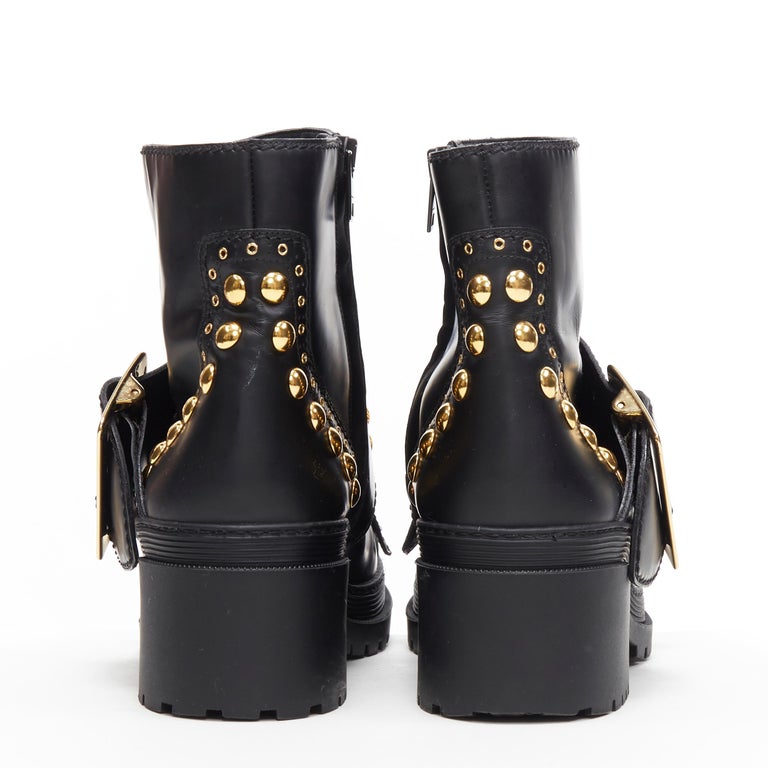 BURBERRY black leather gold studded fringe large buckle trucker ankle boot EU40 1stDibs | burberry boots women