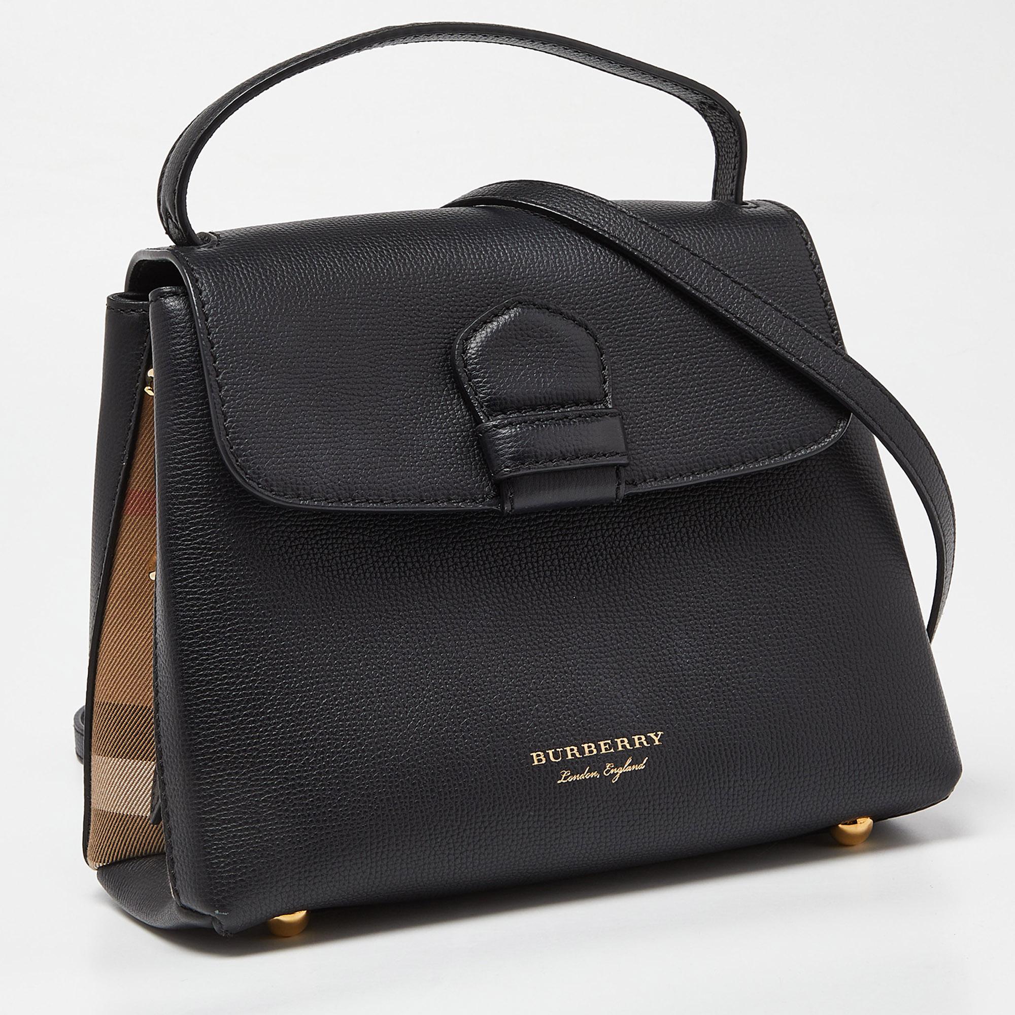Burberry Black Leather & House Check Fabric Medium Camberley Top Handle Bag In Good Condition In Dubai, Al Qouz 2