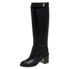 Used Burberry Black Leather Logo Buckle Embellished Knee High Boots Size 37