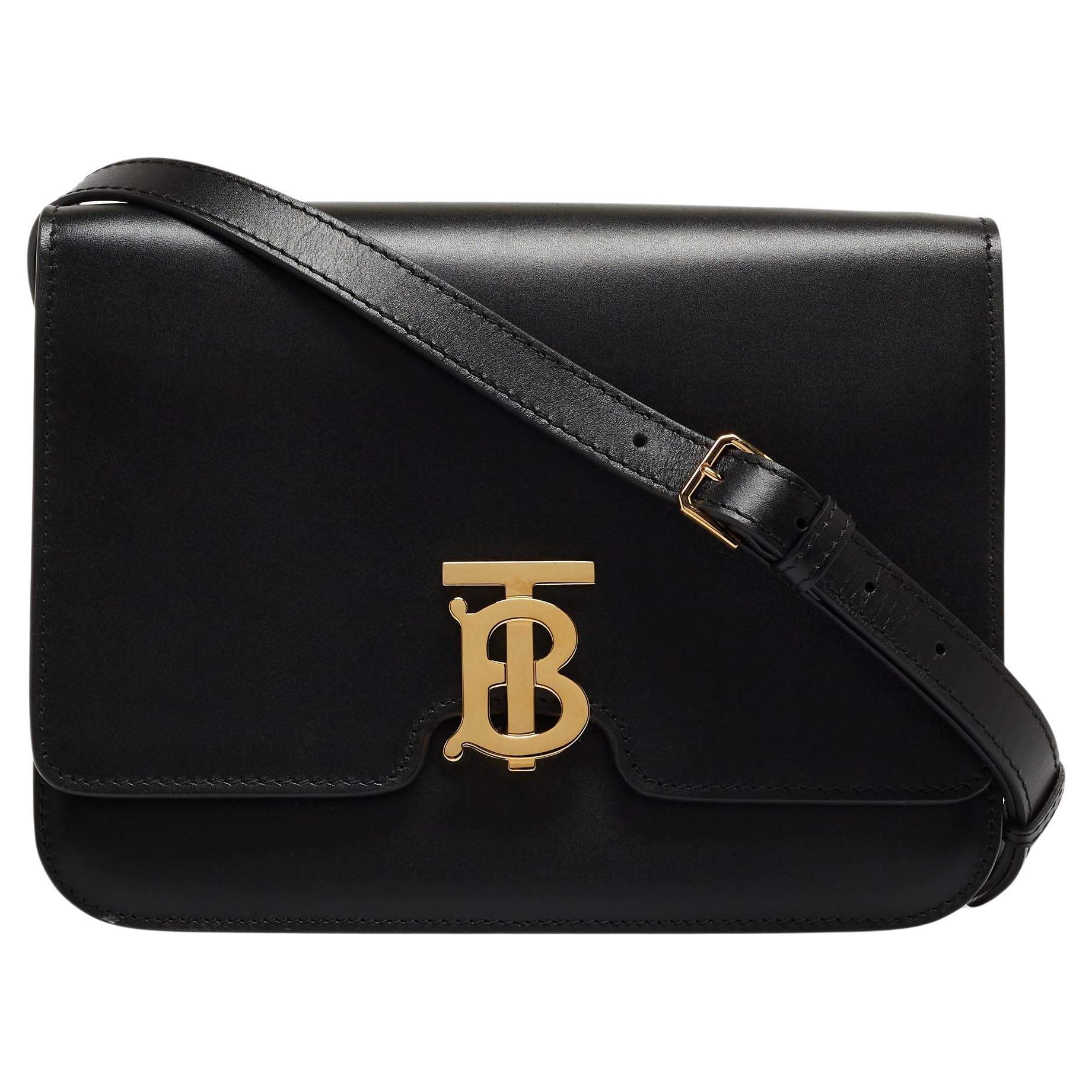 Burberry Black Leather Medium TB Shoulder Bag For Sale
