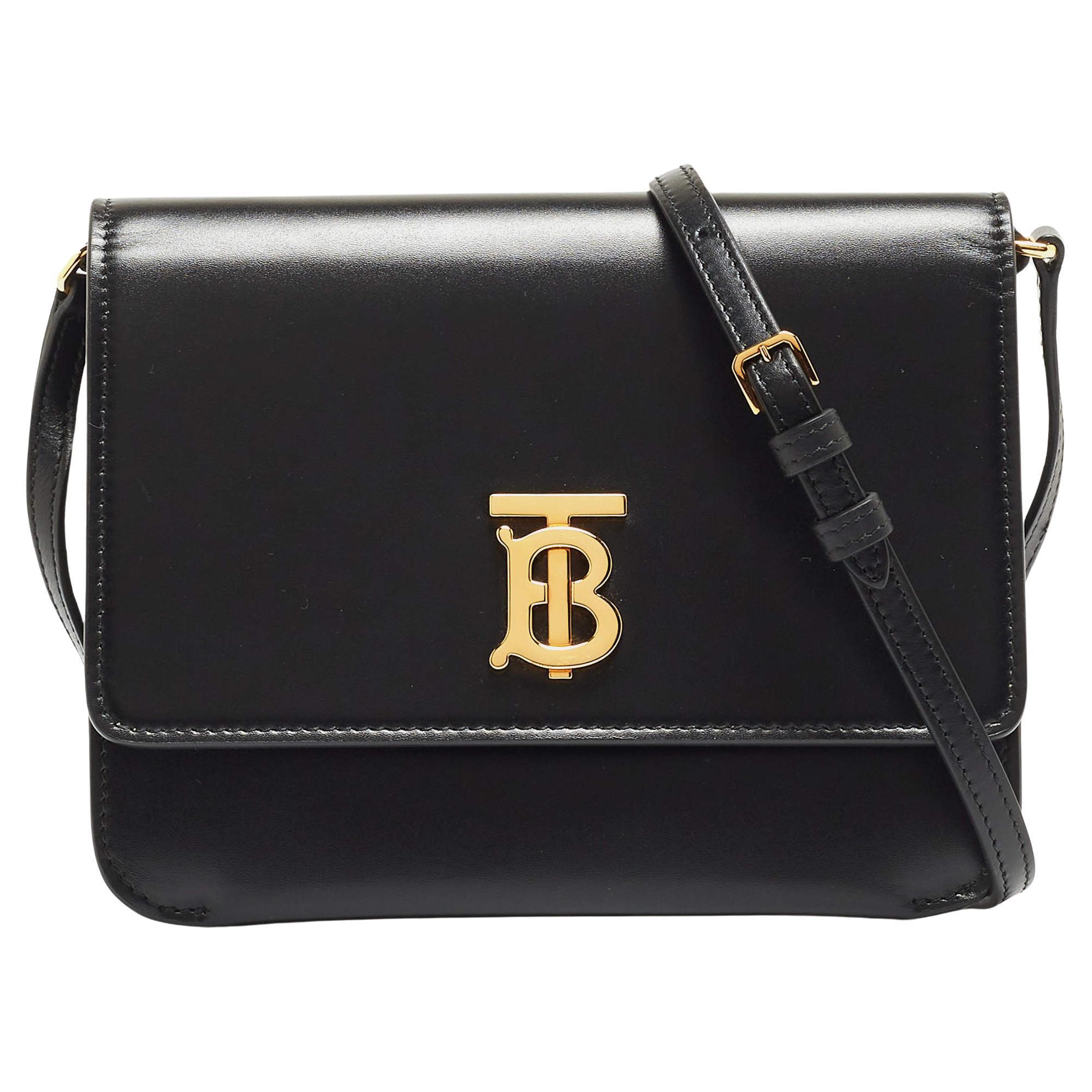 Burberry Black Leather Mini TB Flap Crossbody Bag