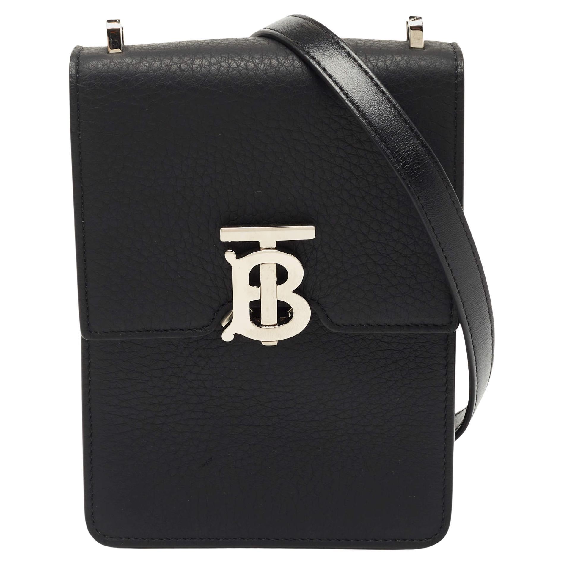BURBERRY BLACK WHITE Robin TB Monogram Leather Shoulder Bag NEW