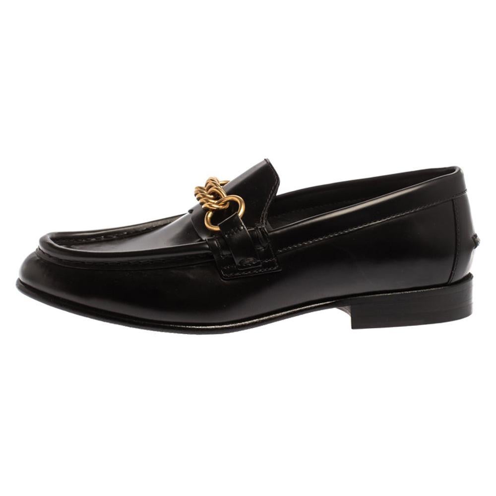 Burberry Black Leather Solway Chain Detail Slip On Loafers Size 41