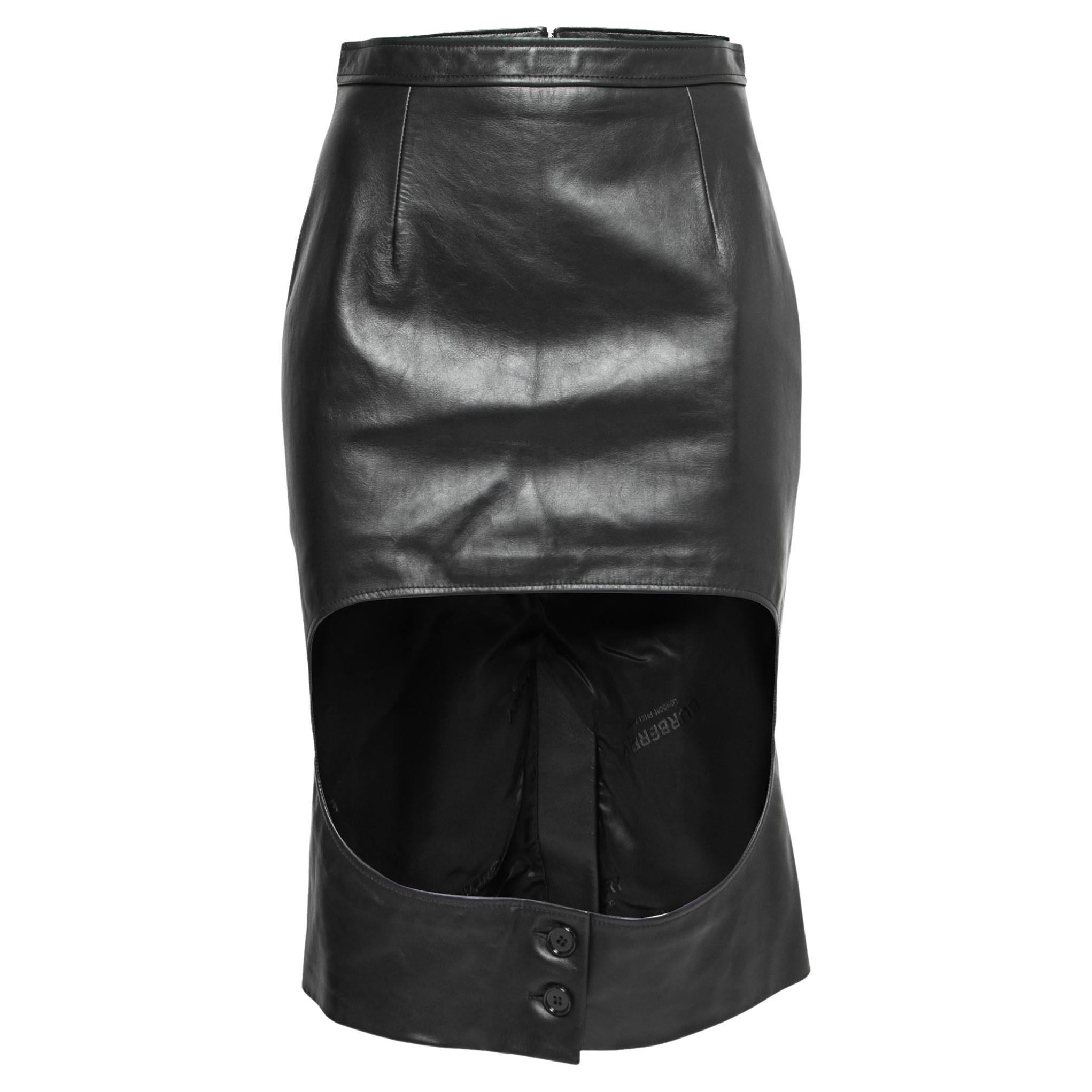 Burberry Black Leather Step-Through Pencil Skirt S For Sale