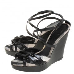 Burberry Black Leather Strappy Slingback Wedge Sandals Size 40