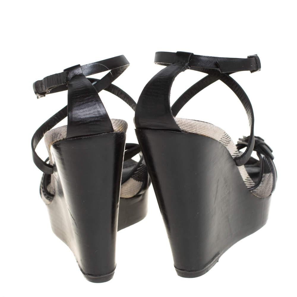 Burberry Black Leather Strappy Slingback Wedge Sandals Size 40 1