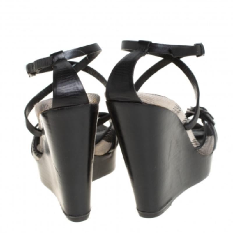 Burberry Black Leather Strappy Slingback Wedge Sandals Size 40 For Sale 1