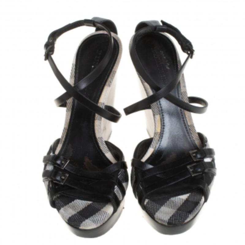 Burberry Black Leather Strappy Slingback Wedge Sandals Size 40 For Sale 2