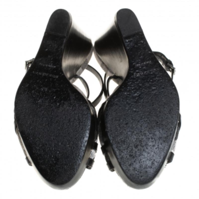 Burberry Black Leather Strappy Slingback Wedge Sandals Size 40 For Sale 3